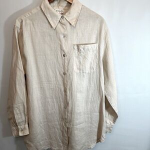Jordan Womens Size L Vintage 100% Linen Shirt Button Up Long Sleeves Pocket Tan